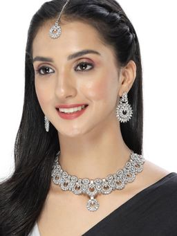 Sukkhi - Rhodium Plated AD White Stone Collar Bone Necklace Earring Maangtika
