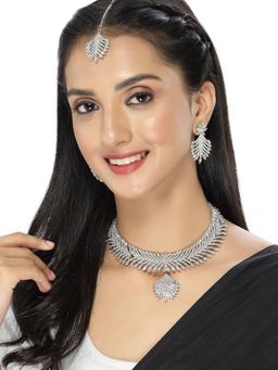 Sukkhi - Rhodium Plated AD White Stone Collar Bone Necklace Earring Maangtika