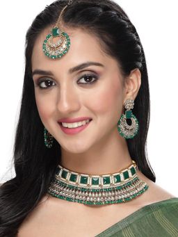 Sukkhi - Gold Plated Green Kundan Beads Choker Necklace Earring Maangtika