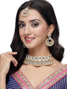 Sukkhi - Gold Plated White Kundan Beads Choker Necklace Earring Maangtika