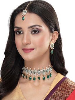 Sukkhi - Antique Gold Plated Green Beads Choker Necklace with Earring Maangtika