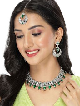 Sukkhi - Rhodium Plated Green AD Beads Necklace Earring Maangtika