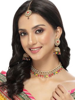 Sukkhi - Gold Plated Multicolor Kundan Beads Choker Necklace Jhumki Earring Maangtika