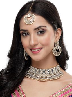 Sukkhi - Trendy Gold Plated White Kundan Beads Choker Necklace Earring Maangtika