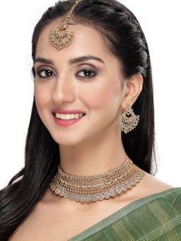 Sukkhi - Graceful Curve Shaped Gold Plated LCT Choker Necklace with Earring & Maangtika