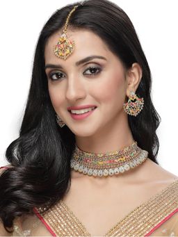 Sukkhi - Graceful Curve Gold Plated Multicolor Choker Necklace Earring Maangtika
