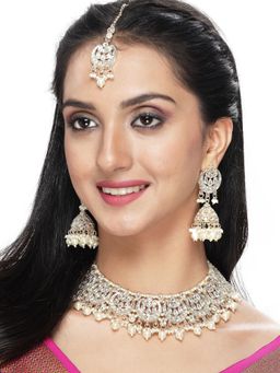 Sukkhi - Gold Plated AD White Beads Collar Bone Necklace Earring Maangtika