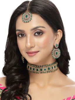 Sukkhi - Decent Traditional Green Kundan Beads Choker Necklace with Earring Maangtika