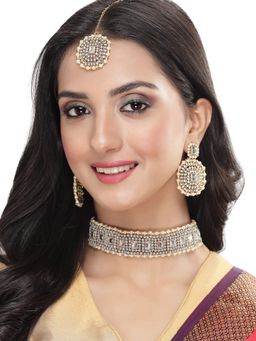 Sukkhi - Decent Traditional White Kundan Beads Choker Necklace with Earring Maangtika