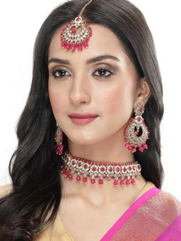 Sukkhi - Gold Plated Rani Pink Kundan Beads Choker Necklace Earring Maangtika