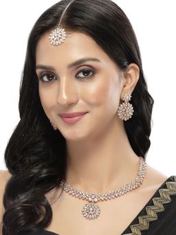 Sukkhi - Rose Gold Plated Rainbow Stone Collar Bone Necklace Earring Maangtika