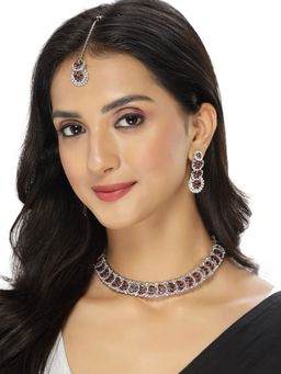 Sukkhi - Rhodium Plated AD Maroon Stone Collar Bone Necklace & Earring Maangtika