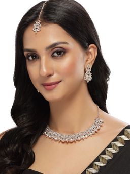 Sukkhi - Rose Gold Plated Rose AD White Stone Collar Bone Necklace & Earring Maangtika