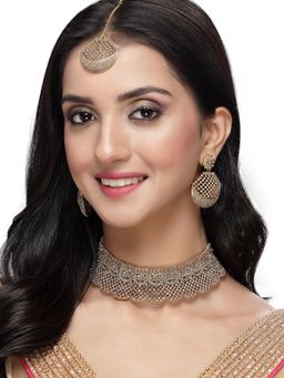 Sukkhi - Graceful Curve Shaped Gold Plate Choker Necklace with Earring & Maangtika