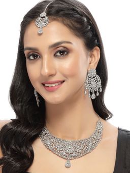 Sukkhi - Rhodium Plated AD White Floral Collar Bone Necklace Earring Maangtika