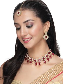 Sukkhi - Rani Pink AD Stones Beads Collar Bone Necklace with Earring Maangtika