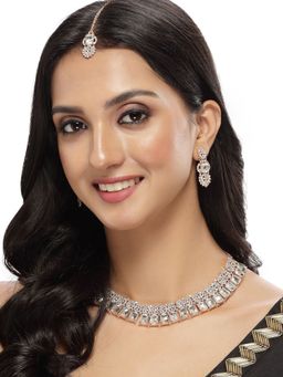 Sukkhi - Tasteful Rose Gold AD White Stones Collar Bone Necklace with Earring & Maangtika