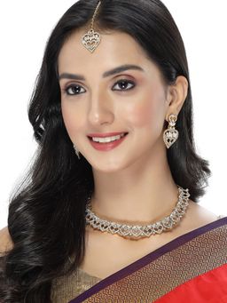 Sukkhi - Wonderful Gold Plated AD White Stone Collar Bone Necklace & Earring Maangtika