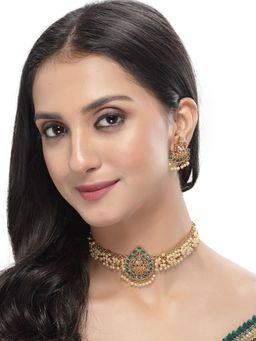Sukkhi - Sparkling Indian Temple Gold Plated Green Beads Choker Necklace & Studs Earring