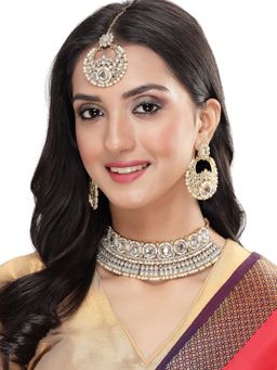 Sukkhi - Gold Plated White Kundan & Beads Choker Necklace Earring Maangtika