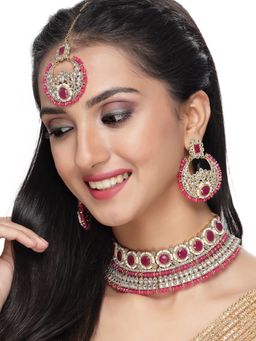 Sukkhi - Gold Plated Rani Pink Kundan & Beads Choker Necklace Earring Maangtika