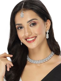 Sukkhi - Rhodium Plated AD White Stone Collar Bone Necklace Earring Maangtika