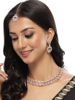 Sukkhi - Rose Gold Plated Rainbow Stone Collar Bone Necklace & Earring Maangtika