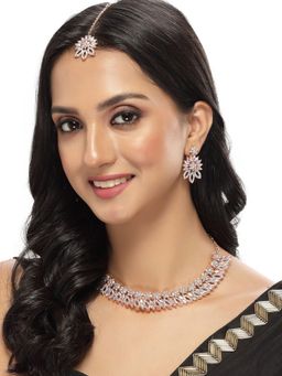 Sukkhi - Floral Rose Gold Plated Rainbow Collar Bone Necklace with Earring & Maangtika