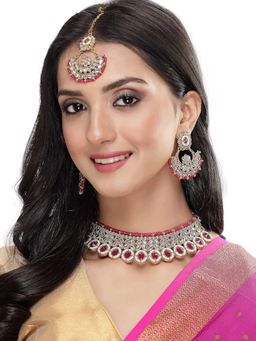 Sukkhi - Looked Rani Pink Stone Choker Necklace & Earring Maangtikka