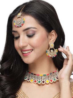 Sukkhi - Looked Multicolor Stone Choker Necklace & Earring Maangtikka