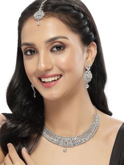 Sukkhi - Rhodium Plated AD White Stone Collar Bone Necklace Earring Maangtika
