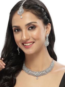 Sukkhi - Rhodium Plated AD White Stone Collar Bone Necklace Earring Maangtika