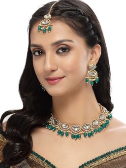 Sukkhi - Favourite Gold-Plated with AD Green Collar Bone Necklace Stylish Earrings