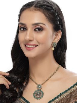 Sukkhi - Eye-Catching Green Gold Stone Multistring Long Necklace and Earring