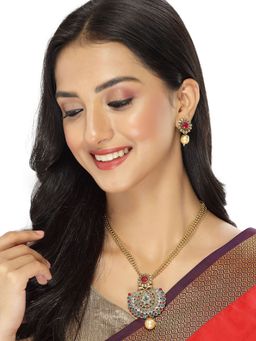 Sukkhi - Beautiful Indian Look Green Red Stones Multistring Long Necklace and Earring