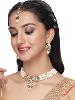 Sukkhi - Iconic Gold Plated White Collar Bone Necklace with Earring Maangtika