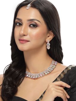 Sukkhi - Striking Rose Gold Plated Rainbow Collar Bone Necklace with Earring & Maangtika