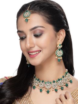 Sukkhi - Gold Plated AD Green Collar Bone Necklace Earring Maangtika