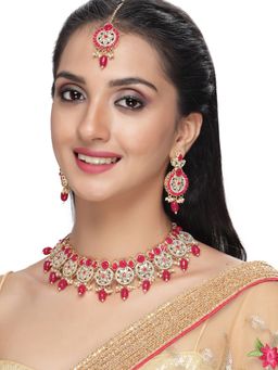 Sukkhi - Gold Plated AD Rani Pink Collar Bone Necklace Earring Maangtika