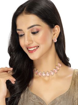 Sukkhi - Elaborate Gold-Plated with AD Pink Collar Bone Necklace Drop Earrings