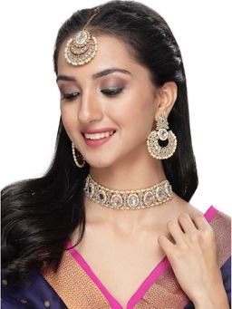 Sukkhi - Gold Plated White Stone & Beads Choker Necklace Earring Maangtika