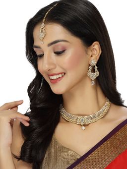 Sukkhi - Gold Plated AD White Stone Collar Bone Necklace & Earring Maangtika