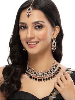 Sukkhi - Gold Plated AD Black Drop Beads Collar Bone Necklace Earring Maangtika