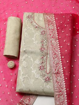 MEENA BAZAAR - Pink Embroidered Chanderi Unstitched Kurta With Unstitched Bottom And Dupatta