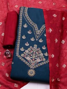 MEENA BAZAAR - Blue Embroidered Cotton Unstitched Kurta With Unstitched Bottom And Dupatta