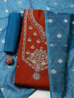 MEENA BAZAAR - Rust Embroidered Cotton Unstitched Kurta With Unstitched Bottom And Dupatta