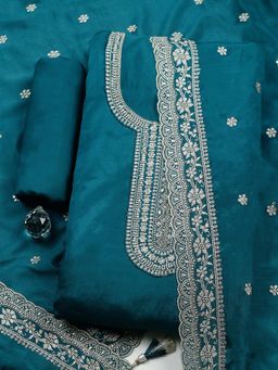 MEENA BAZAAR - Green Embroidered Chinon Unstitched Kurta With Unstitched Bottom And Dupatta