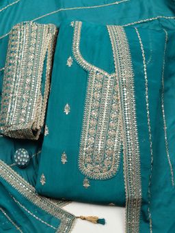 MEENA BAZAAR - Green Embroidered Chinon Unstitched Kurta With Unstitched Bottom And Dupatta
