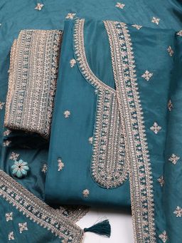 MEENA BAZAAR - Blue Embroidered Chinon Unstitched Kurta With Unstitched Bottom And Dupatta