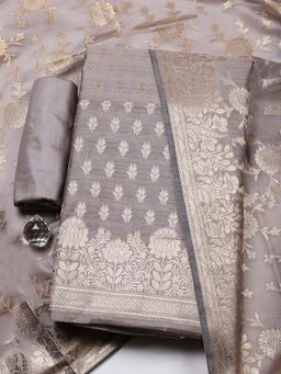 MEENA BAZAAR - Grey Printed Chanderi Unstitched Kurta With Unstitched Bottom And Dupatta